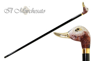 Walking Stick with a Hand-Enamelled Duck Head on 24k Gold - il-marchesato